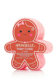 A pink gingerbread-shaped bath sponge bar labeled 'SPONGELLÉ Sugar Cookie' on a clean white background.
