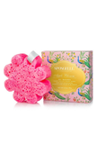 A pink flower-shaped sponge bath bomb next to its illustrated pink box with a gold label, on a clean white background.