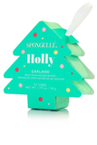 Spongellé Holly Garland body wash infused buffer, shaped like a Christmas tree in mint green with colorful polka dots and a white sponge stick inside.