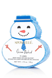 A snowman-shaped Sponellé body wash infused buffer in the scent Snow Orchid, featuring a white face, blue hat and scarf, red carrot nose and arms, on a white background.
