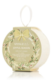 Spongellé Joyful Season Apricot Amber body wash infused buffer in a round hanging kraft paper package with a white sponge visible on the right side, decorated with a gold bow and green wreath illustration.