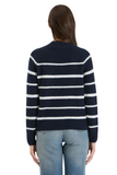 back of a navy high-neck sweater with white stripes