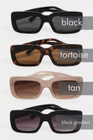 Thick frame rectangle women's sunglasses in 4 different colors. From top to bottom: Black, tortoise shell, tan, and black with gradient lens. Sunglasses are labeled with the color options 