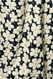 Upclose picture of a floral pattern design on nacy blue pants 