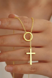 Tarnish free gold cross drop necklace with layered Y chain and delicate circular connector detail