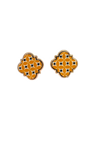 geometric shaped earrings with a yellow, navy and white moroccan print