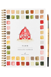 A spiral-bound watercolor workbook titled 'FARM' by Emily Lee Studio, featuring a red barn illustration and a border of watercolor color swatches, shown next to a paintbrush on a white background.