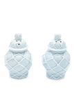 A pair of light blue ceramic salt and pepper shakers with a textured, woven geometric pattern and small top knobs, set against a plain white background.
