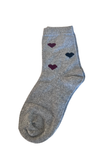A single gray heathered knit sock with three small heart motifs in burgundy, navy, and burgundy on the upper cuff, shown against a plain white background.