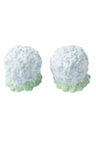 A pair of ceramic salt and pepper shakers designed to look like light blue hydrangea flowers with pale green ruffled bases, set against a plain white background.
