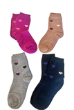 Four pairs of ankle socks arranged in a 2x2 grid on a white background. The top-left pair is bright magenta pink with small heart motifs in pink, orange, and white.