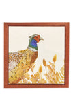 A framed art print featuring a pheasant bird in profile surrounded by golden grasses, set within a textured reddish-brown frame against a white background.