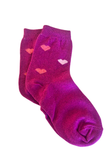 A pair of short pinkish-purple socks with small heart motifs in shades of pink, and white, displayed against a solid white background.