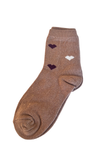 A single brown crew sock with three heart motifs in dark purple and white near the cuff, displayed on a solid white background.