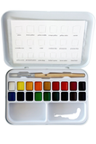 A watercolor paint palette in a white metal case, shown open with 24 color pans, a wooden-handled brush, and a color chart inside the lid on a white background.