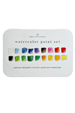 Emily Lex Studio watercolor paint set in a rectangular metal tin with rounded corners, featuring 18 color wells and a small brush illustration on a white background.