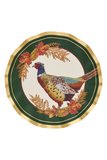 A round decorative plate featuring a pheasant bird illustration surrounded by autumn leaves, with a dark green and gold scalloped border on a white background.