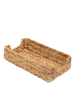 A rectangular woven basket made from natural straw or seagrass, shown on a plain white background.