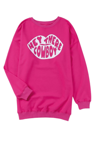 Hot pink sweatshirt with hey there cowboy lips graphic