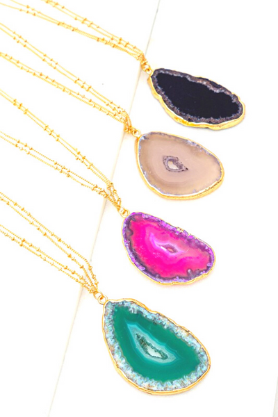 Four agate stone necklaces with double gold chains. Color of agate stones are as follows black, tan, pink, green 