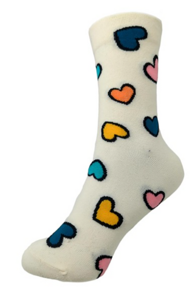 cream colored socks with multi-colored hearts with a black outline. Socks are mid calf length.