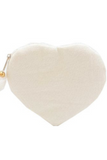 Back of a white  heart shaped beaded coin purse. 