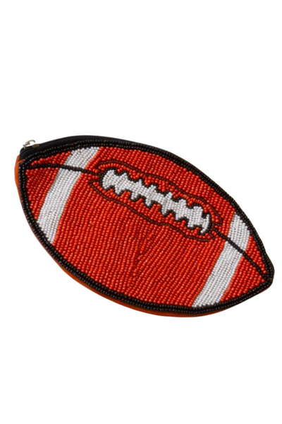 beaded coin purse in the shape of a football. coin purse has a black border 