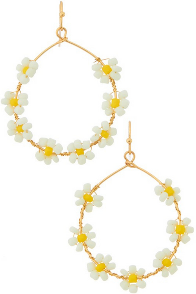 gold wire hoops with white and yellow beaded daisies all around the hoop