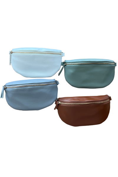 Faux leather bum bags with a front zipper closure. Colors of bags pictured: White, sage, gray, and camel 