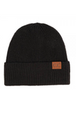 Black ribbed knit beanie on a white background. Beanie is folded over with a tan tab in on the right side of the beanie that reads C.C.