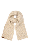 Knitted oatmeal colored scarf on a white background, scarf has a leather tag sewn onto the left bottom side of scarf