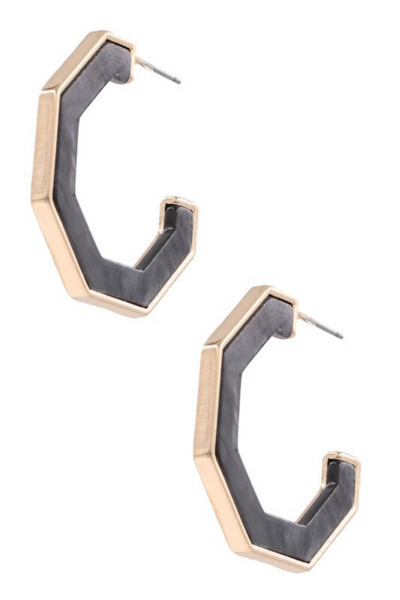 Celluloid Octagon Open Hoop Earrings on a white background. Open hoops have a post stud back, hoops are black celluloid material with a gold outline
