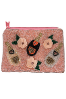 beaded coin purse with light pink beaded background and a pink, white and black beaded Champagne bottles and 3 beaded flowers 