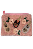 beaded coin purse with light pink beaded background and a pink, white and black beaded Champagne bottles and 3 beaded flowers 
