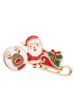 picture of 3 single earrings from the Christmas stud earring set. Earrings include a white circle with Rudolph wearing a red collar, a full body Santa, and a red sled with a green present and a red bow.