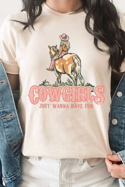 Cream t-shirt with cowgirl on horse graphic tee. Cowgirls just want to have fun.