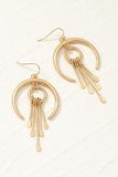 Gold crescent earrings with a circle and dangling gold tassel, earrings have a fish hook post.  Earrings are on a white background