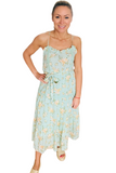 Mint colored floral spaghetto strap dress. Floral print has peach colored flowers, ruffled trim on top and tie belt