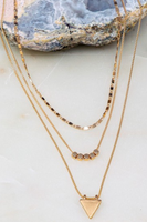Up close photo of a gold layered chain necklace. Shortest necklace is a choker chain style, the second necklace has  5 gold beads in the center of the chain, the third chain has a gold triangle chain. 
