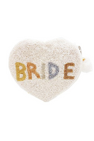 White Heart shaped beaded Coin purse  with the word BRIDE in all capital letters. the letters of the word BRIDE are in a series of gold, white and silver beads