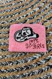 Beaded coin purse featuring "let's go girls" and a cow print cowboy hat