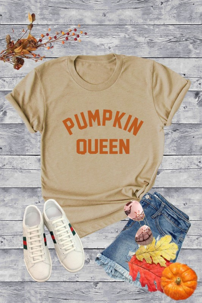 tan colored graphic tee with "pumpkin queen" on the front center in orange capital letters