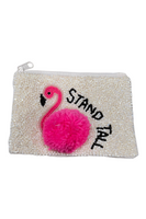 white beaded coin purse with stand fall in black beads and a pink beaded flamingo with a pink pomp pomp for flamingos body 