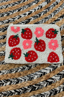 white beaded coin purse with beaded strawberries and pink and white flowers 