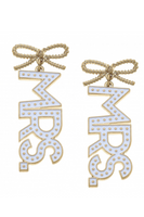 earrings with a gold rope style bow with the word MRS. in all capital letters hanging from thew bow. Mrs is in white with a gold outline and gold dots. 