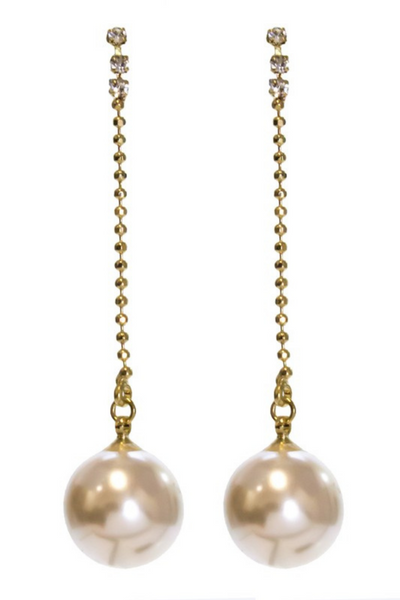 Dangling pearl earrings. Earrings have 3 rhinestones followed by a gold chain and then a hanging pearl