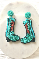 beaded and stitched cowboy boot earrings. Beads are teal and back.