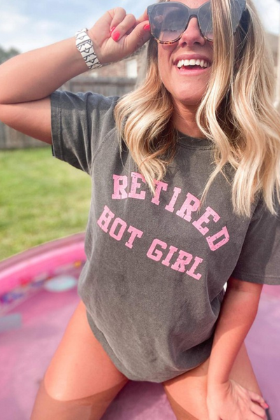 charcoal gray t-shirt with retired hot girl in pink font